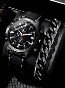 2入组時尚商務休閒男士圓形黑帶石英手錶和鍊式手鍊套裝