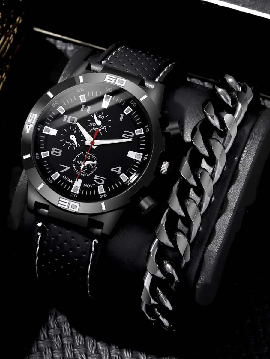 2入组時尚商務休閒男士圓形黑帶石英手錶和鍊式手鍊套裝