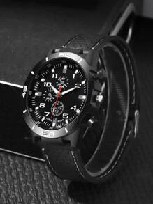 2入组時尚商務休閒男士圓形黑帶石英手錶和鍊式手鍊套裝