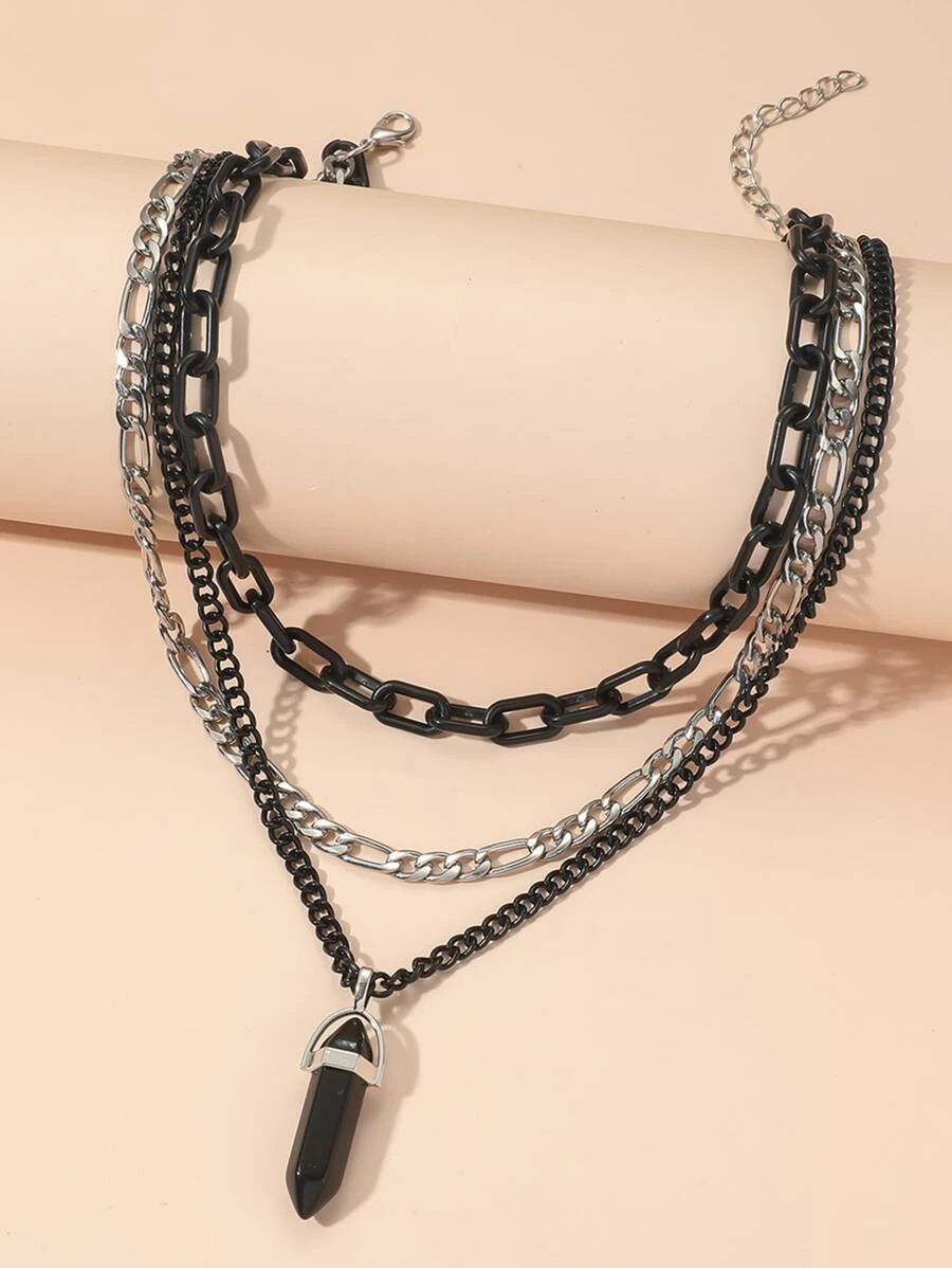 1 collar con colgante de serpiente de piedra de cadena de Metal negro multicapa adecuado para el uso diario de las mujeres - Negro - Ver 1