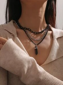 1 collar con colgante de serpiente de piedra de cadena de Metal negro multicapa adecuado para el uso diario de las mujeres - Negro - Ver 2