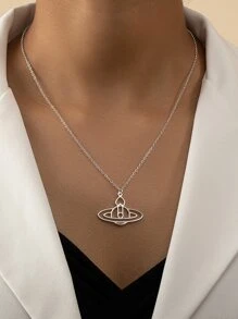 Heart Decor Planet Charm Necklace - Silver - View 1