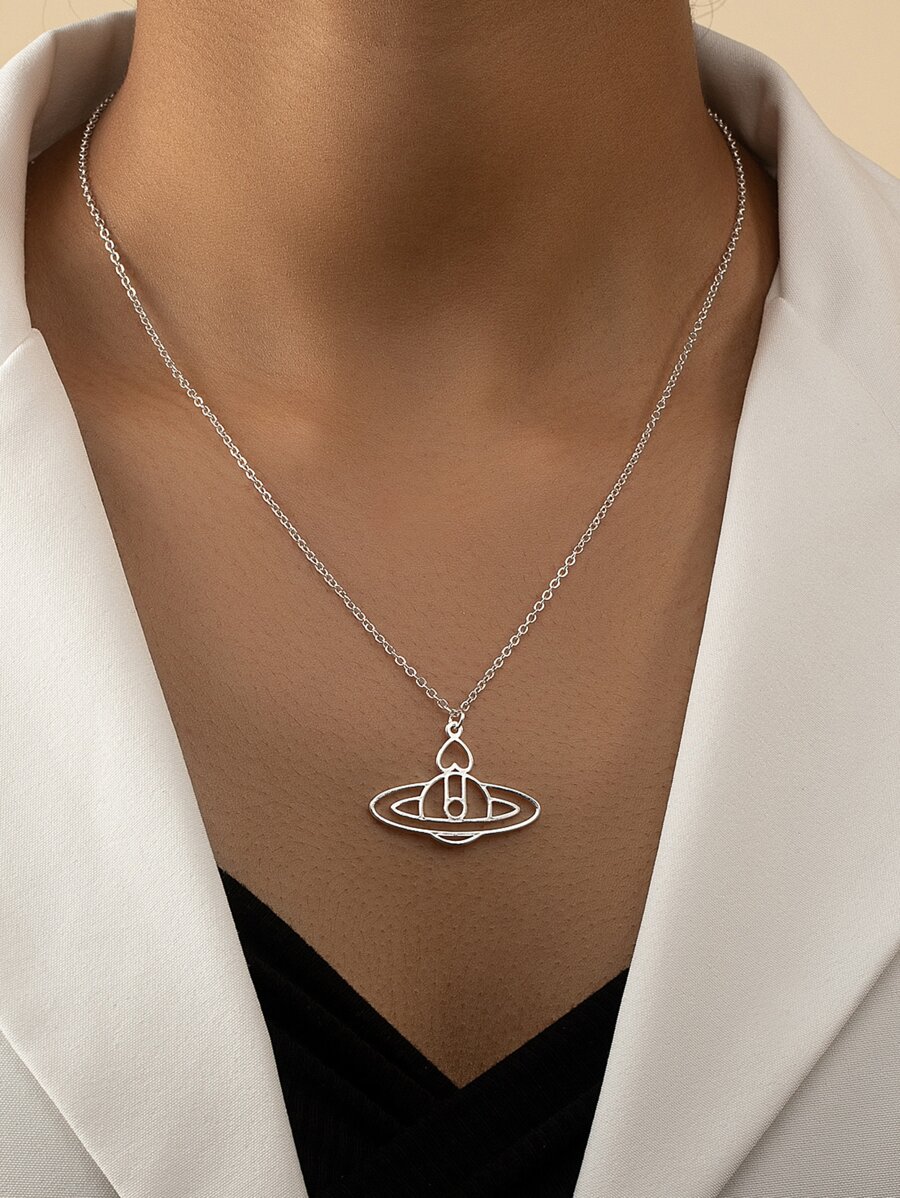 Heart Decor Planet Charm Necklace - Silver - View 1