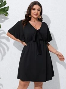 SHEIN LUNE Plus Tie Front Butterfly Sleeve Dress - Black - View 1
