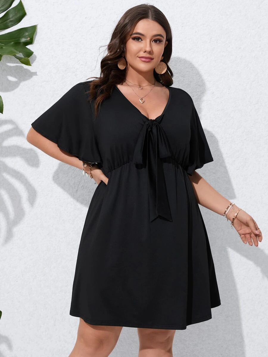 SHEIN LUNE Plus Tie Front Butterfly Sleeve Dress - Black - View 1