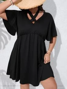 SHEIN LUNE Plus Tie Front Butterfly Sleeve Dress - Black - View 4
