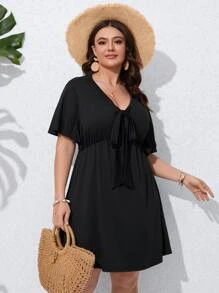 SHEIN LUNE Plus Tie Front Butterfly Sleeve Dress - Black - View 5
