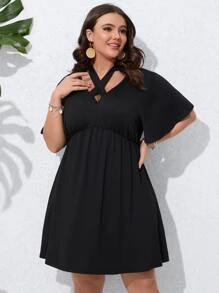 SHEIN LUNE Plus Tie Front Butterfly Sleeve Dress - Black - View 6