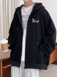 Manfinity Hypemode Hombres Capucha con estampado de letra con cremallera de hombros caídos con cordón - Negro - Ver 1