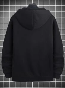 Manfinity Hypemode Hombres Capucha con estampado de letra con cremallera de hombros caídos con cordón - Negro - Ver 3