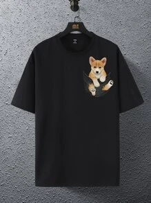 Manfinity Hypemode Hombres Camiseta de hombros caídos con estampado de perro - Negro - Ver 2