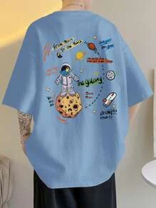 Claim Dot Camiseta holgada de hombre con gráfico de dibujos animados y eslogan de hombros caídos - Celeste - Ver 1