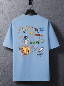 Claim Dot Camiseta holgada de hombre con gráfico de dibujos animados y eslogan de hombros caídos - Celeste - Ver 5