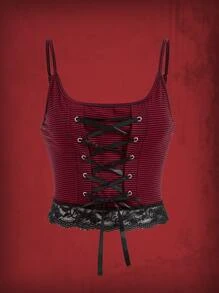 ROMWE Grunge Punk 條紋圖案繫帶蕾絲拼接吊帶上衣 - 彩色 - 查看 1