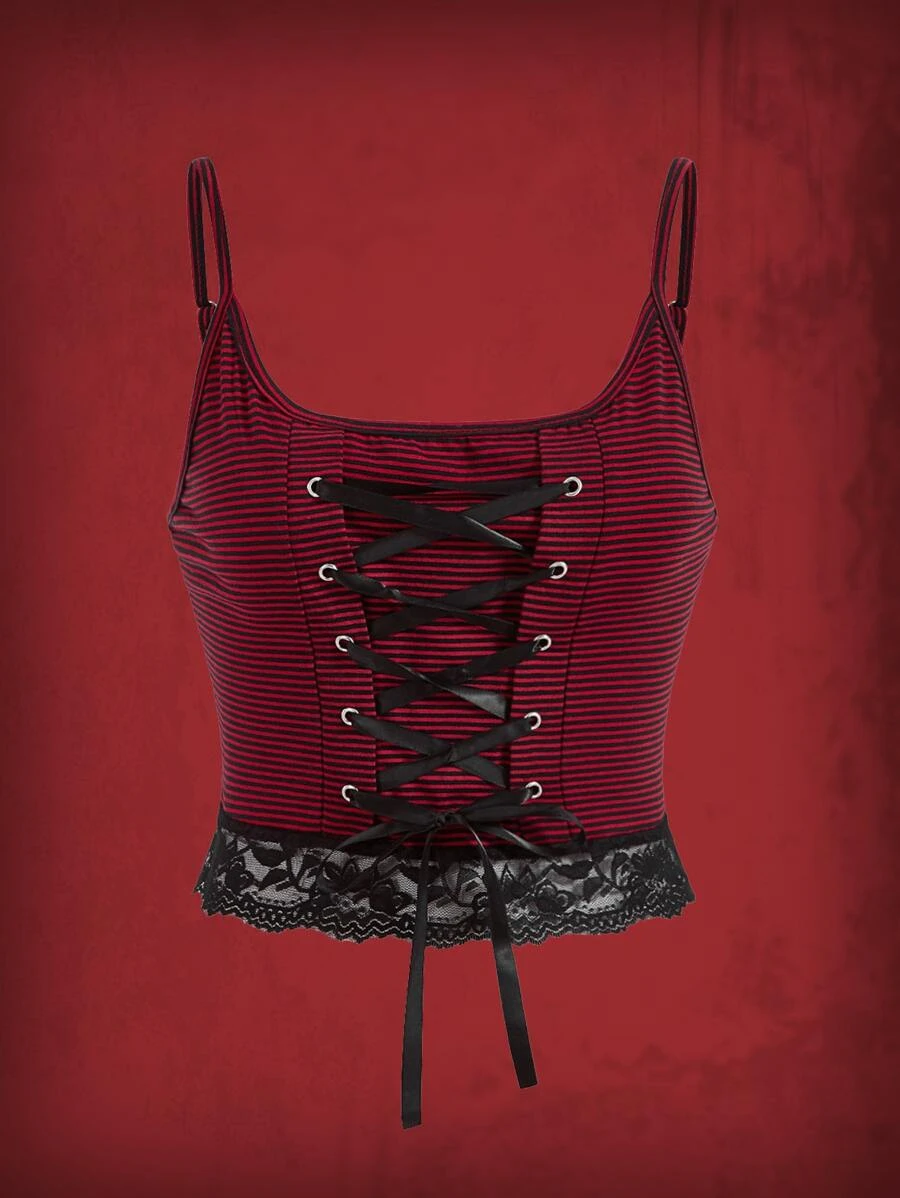 ROMWE Grunge Punk 條紋圖案繫帶蕾絲拼接吊帶上衣 - 彩色 - 查看 1