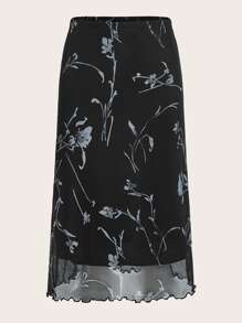 ROMWE Goth 印花木耳邊網紗半身裙 - 黑色 - 查看 3