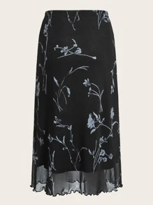 ROMWE Goth 印花木耳邊網紗半身裙 - 黑色 - 查看 2