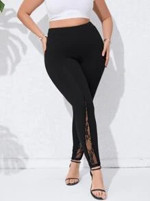 SHEIN LUNE Plus Contrast Lace Leggings - Black - View 1