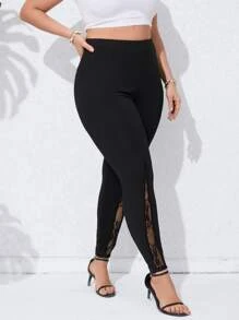 SHEIN LUNE Plus Contrast Lace Leggings - Black - View 3