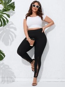 SHEIN LUNE Plus Contrast Lace Leggings - Black - View 4