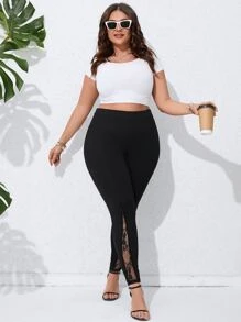 SHEIN LUNE Plus Contrast Lace Leggings - Black - View 5