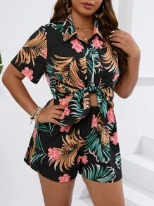 Breezaya Plus cămașă și pantaloni scurți cu imprimeu tropical boho de vară