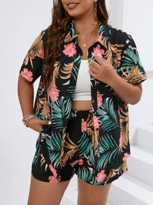 Breezaya Plus cămașă și pantaloni scurți cu imprimeu tropical boho de vară