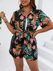 Breezaya Plus cămașă și pantaloni scurți cu imprimeu tropical boho de vară