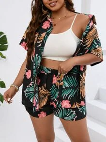 Breezaya Plus cămașă și pantaloni scurți cu imprimeu tropical boho de vară