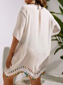 Plus Crochet Panel Drop Shoulder Cover Up Dress - Beige - View 2