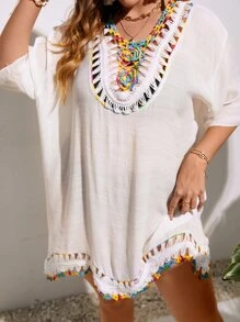 Plus Crochet Panel Drop Shoulder Cover Up Dress - Beige - View 3