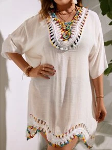 Plus Crochet Panel Drop Shoulder Cover Up Dress - Beige - View 5