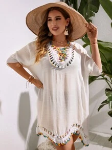 Plus Crochet Panel Drop Shoulder Cover Up Dress - Beige - View 6