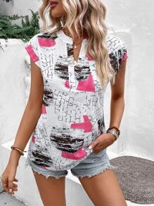 SHEIN LUNE 滿版圖案缺口領蝙蝠袖襯衫 - 白色 - 查看 6