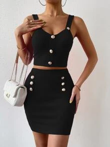 Chiquease Button Front Cami Top & Bodycon Skirt - Black - View 4