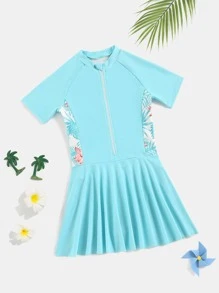 Girls Tropical Print Zipper Front One Piece Swimsuit - Blue - View 1