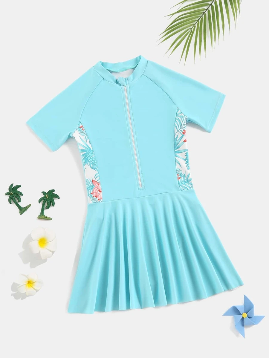 Girls Tropical Print Zipper Front One Piece Swimsuit - Blue - View 1