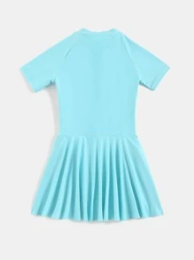 Girls Tropical Print Zipper Front One Piece Swimsuit - Blue - View 2