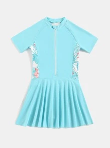 Girls Tropical Print Zipper Front One Piece Swimsuit - Blue - View 5