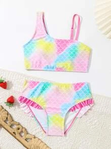 Tween Girl Fish Scale Print Frill Trim Bikini Set Summer Beach - Multicolor - View 1