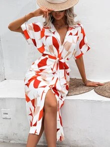 Breezaya 滿版印花蝙蝠袖腰帶襯衫連衣裙 - 白色 - 查看 1