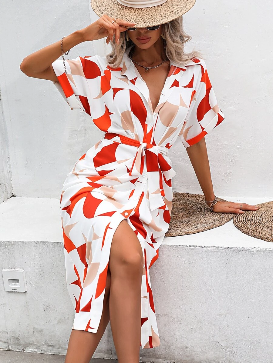 Breezaya 滿版印花蝙蝠袖腰帶襯衫連衣裙 - 白色 - 查看 1