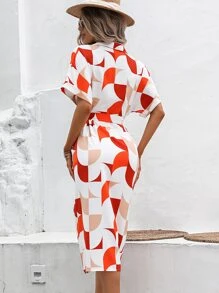 Breezaya 滿版印花蝙蝠袖腰帶襯衫連衣裙 - 白色 - 查看 2