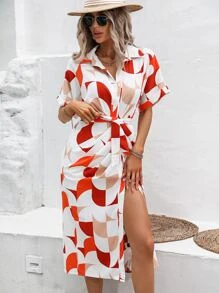 Breezaya 滿版印花蝙蝠袖腰帶襯衫連衣裙 - 白色 - 查看 3