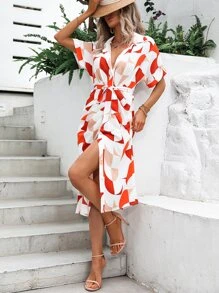 Breezaya 滿版印花蝙蝠袖腰帶襯衫連衣裙 - 白色 - 查看 4