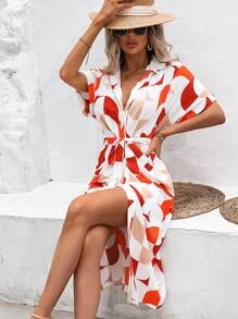 Breezaya 滿版印花蝙蝠袖腰帶襯衫連衣裙 - 白色 - 查看 5