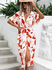 Breezaya 滿版印花蝙蝠袖腰帶襯衫連衣裙 - 白色 - 查看 6