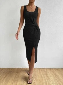 Chiquease 條紋針織前扭結高衩背心洋裝 - 黑色 - 查看 1