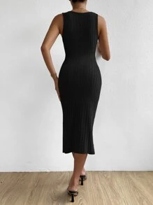 Chiquease 條紋針織前扭結高衩背心洋裝 - 黑色 - 查看 2