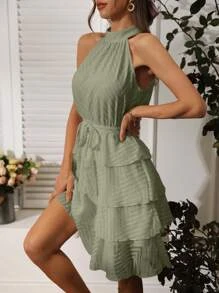 SHEIN Clasi 素色腰帶繞頸連衣裙 - 薄荷綠 - 查看 3